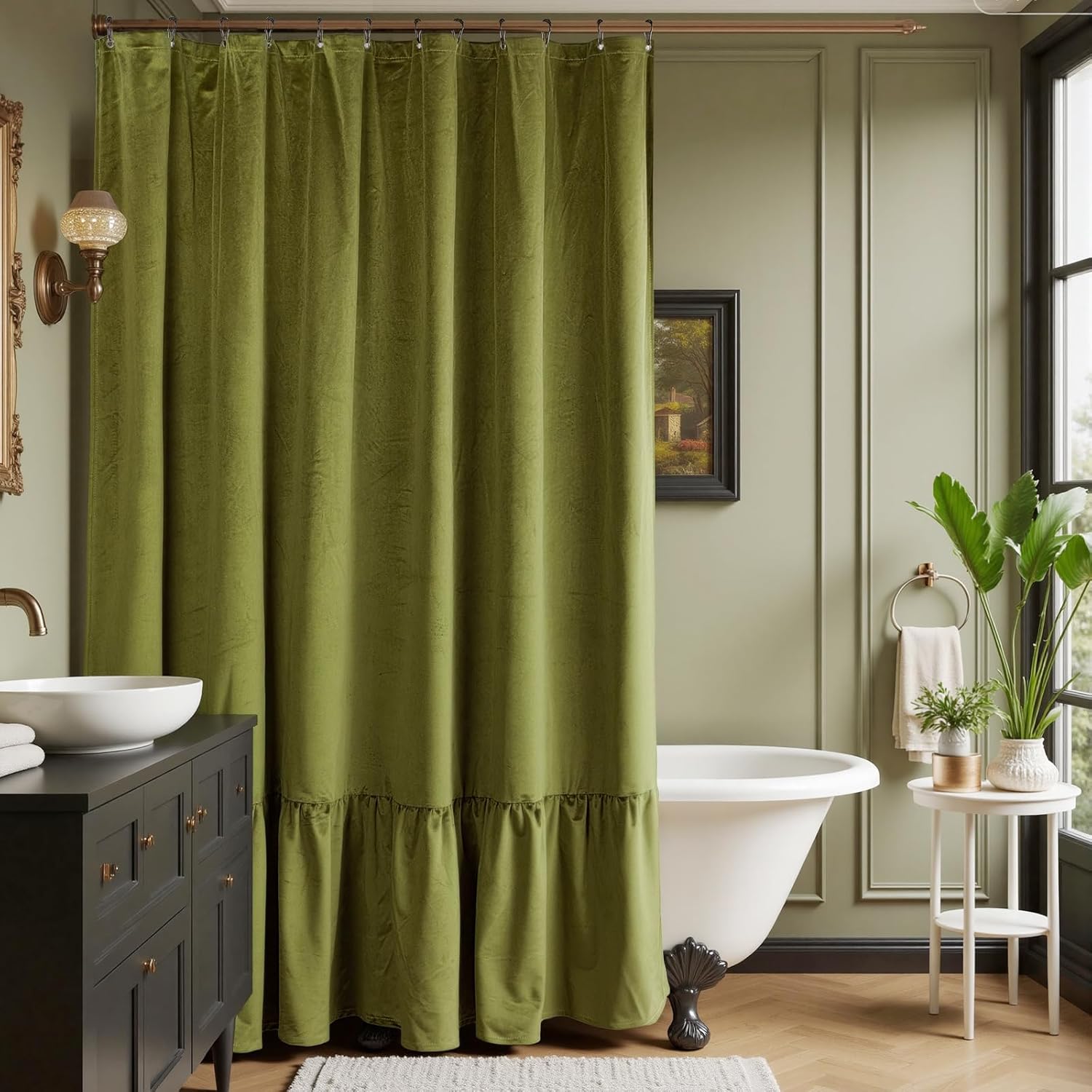 MUGINYU Sage Green Velvet Shower Curtain - Shaby Chic Ruffle Bath Curtain Heavy Duty 72x72 Inch for Bathroom, Hotel Luxury, 12 Hooks,Farmhouse French Country Aesthetic Bathroom Decor Set