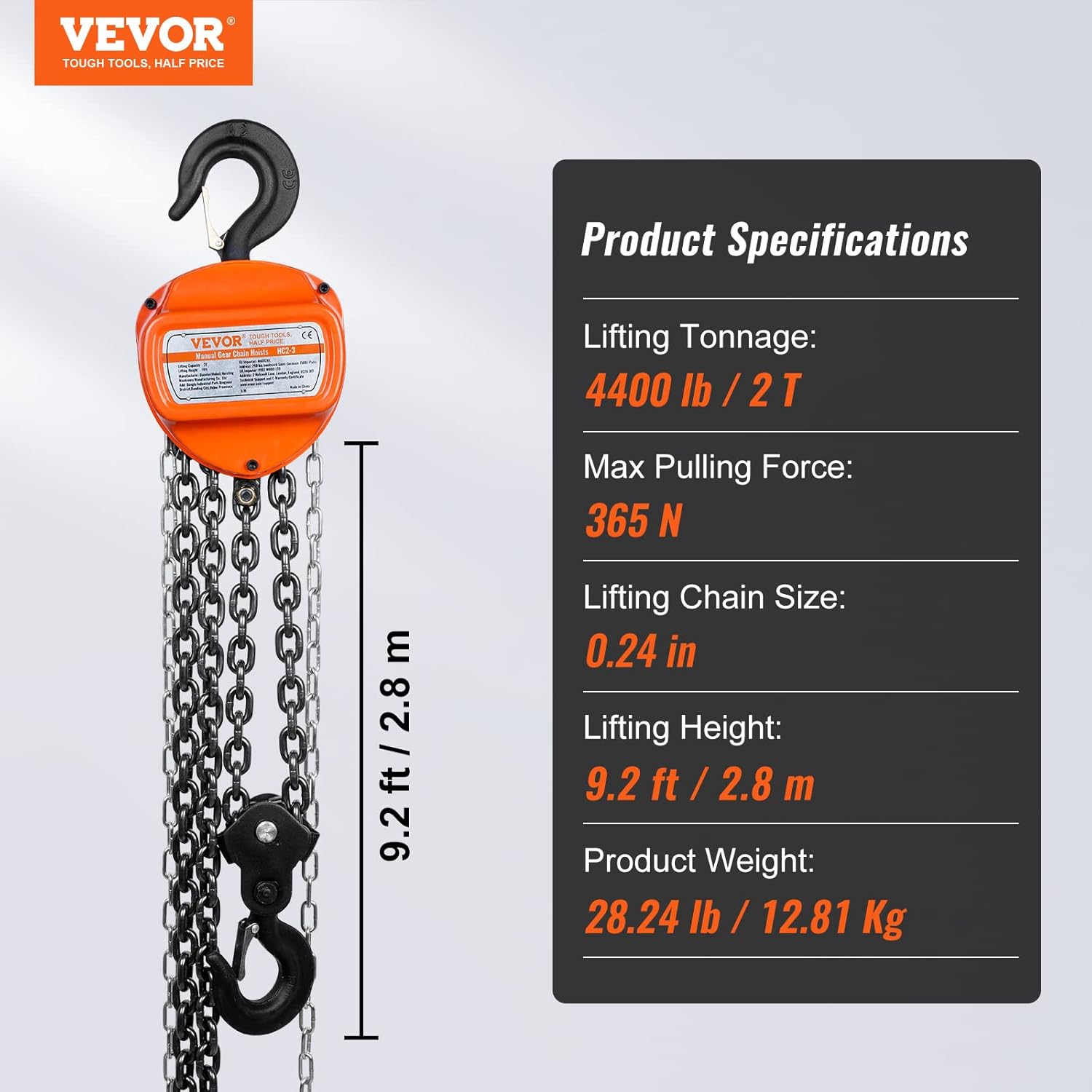 VEVOR Hand Chain Hoist, 2 Ton 4400 lbs Capacity 10 FT Come Along, G80 Galvanized Carbon Steel with Double-Pawl Brake, Auto Chain Leading & 360° Rotation Hook, for Garage Factory Dock