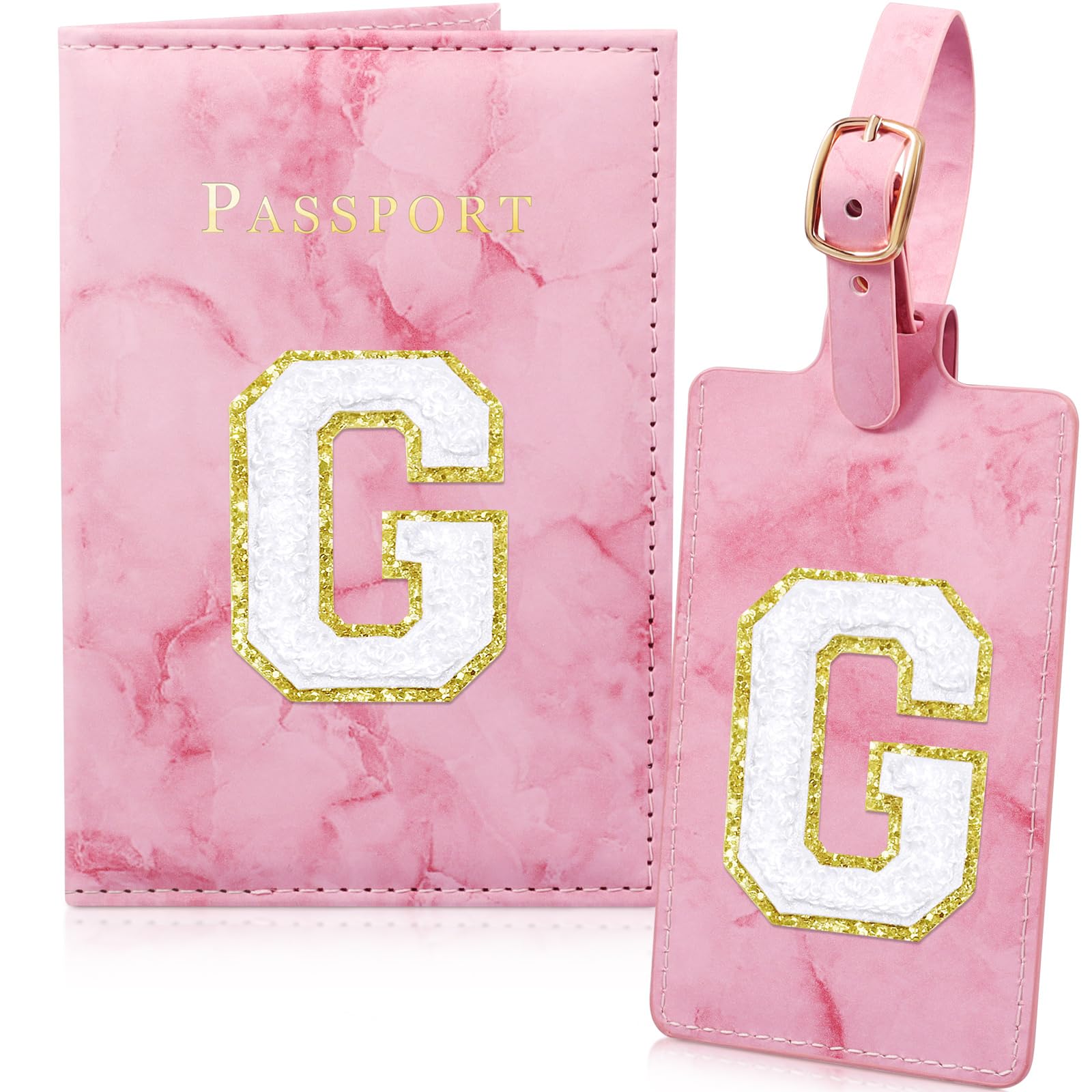 Pink Passport Cover Cute Passport Book Holder for Travel Luggage Tag Set with Initial Monogram Letter Marble Airplane Travel Essentials Personalized
