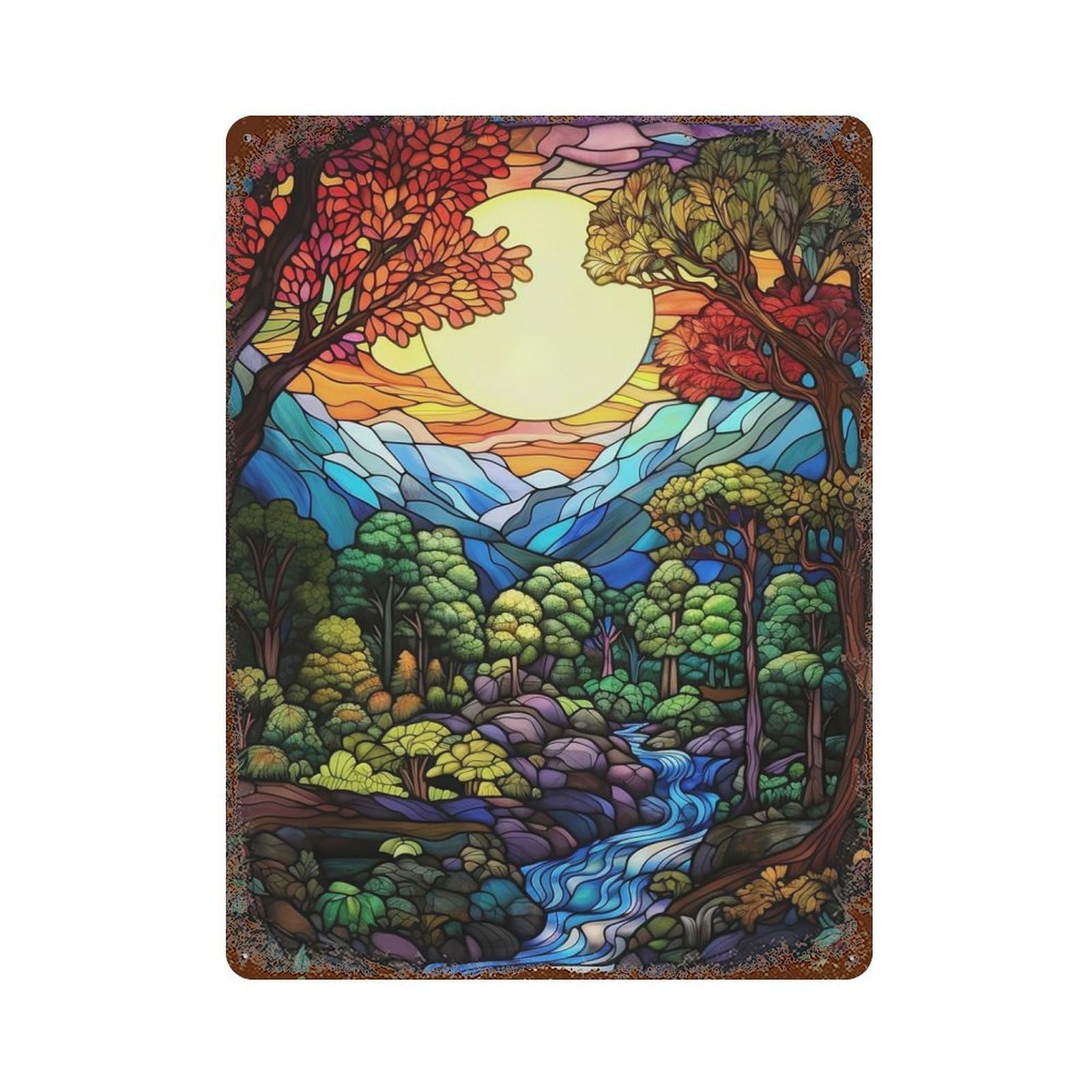 Stained Glass Landscape with River Rustic Tin Plaque 15.7"x11.8", Novelty Wall Decor for Garage, Pub Or Kitchen
