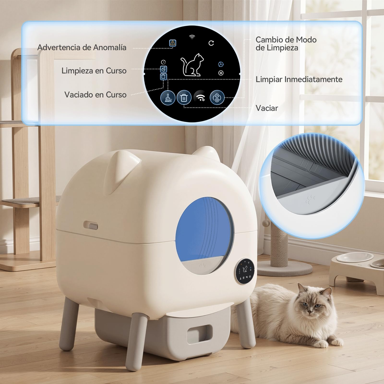 Jummico Litière pour Chat Autonettoyante, 95L+15L Litière Automatique pour Chat, avec Éclairage Intérieur Contrôlable, Désodorisation, Contrôle par APP, Surveillance Santé par IA