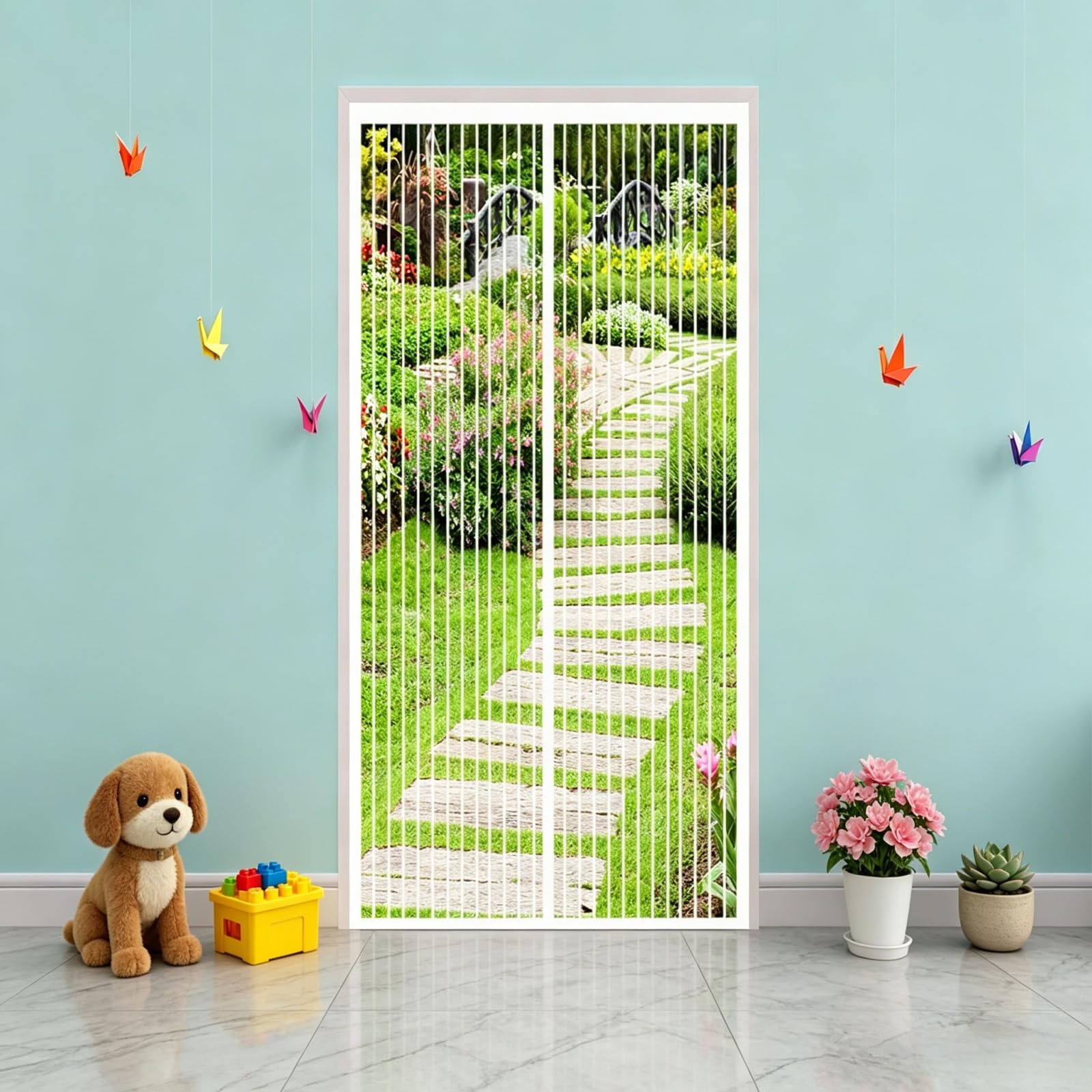 Moustiquaire Porte Fenetre Magnétique 1.3 x 2.2 m Joint Magnétique de Haut en Bas Moustiquaire Porte avec Ruban Adhésif pour Exterieur, Balcon, Blanc