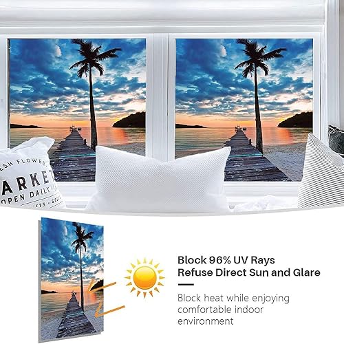 Vista 105 de Tropic - Película 3D para ventana, palmeras tropicales oceánicas en isla soleada, imagen panorámica, para puerta de cristal, baño, sala de estar