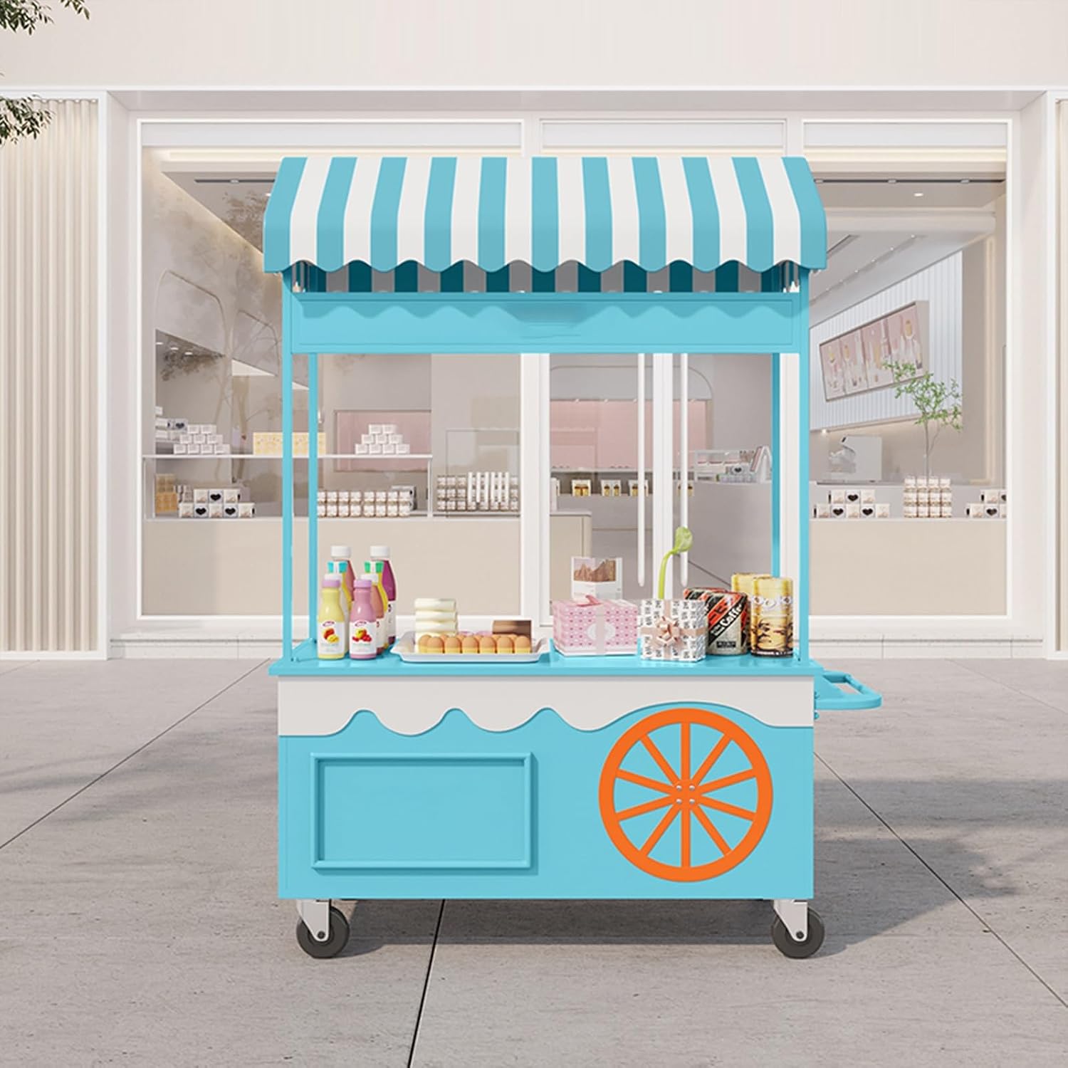 Iron Vending Cart with Wheels and Awning Modern Market Stall with Striped Roof Creative Display for Snack Sweets and Outdoor Street Events
