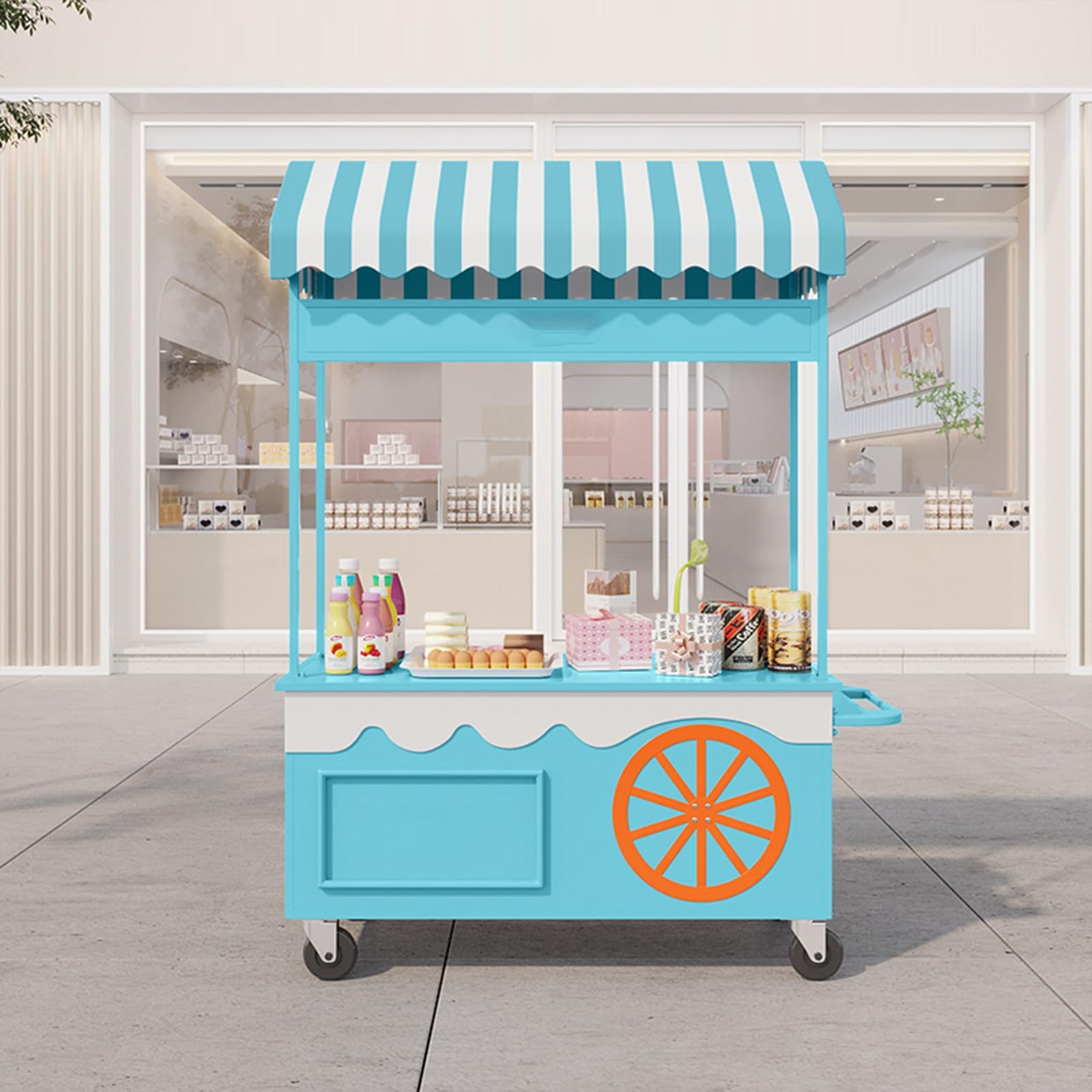 Verkaufswagen aus Eisen mit Rädern und Markise, moderner Marktstand mit gestreiftem Dach, kreative Auslage für Snacks, Süßwaren und Straßenveranstaltungen im Freien
