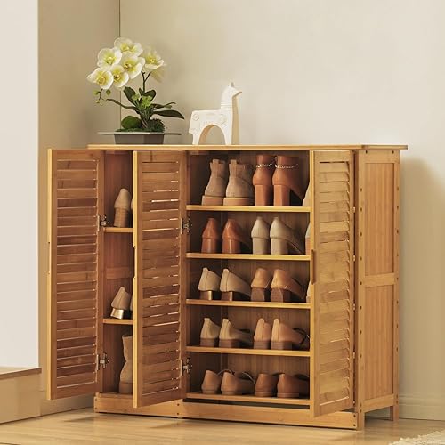 Miniatura 2 de Magshion Armario de almacenamiento de bambú de 5 niveles, de pie con puertas de obturador, organizador de zapatos independiente para entrada,