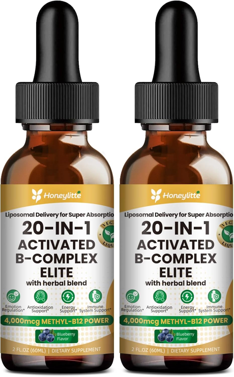 Liquid B Complex with 4000mcg Methylcobalamin B12 – Ultra Absorbable Vitamin B Complex for Energy – Active B1 B2 B3 B5 B6 B12 + Folate – Vegan Friendly (2FL OZ) 2 Bottles