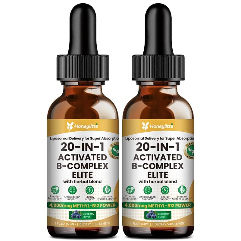 Honeylitte Suplemento para energia, Complexo B líquido com metilcobalamina (vitamina B12) 4.000 mcg, 2 frascos de 60 mL