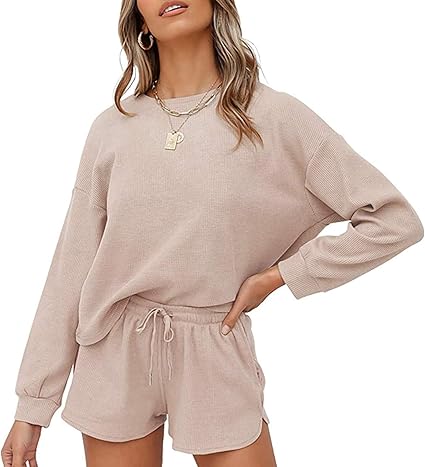 MEROKEETY Women's Long Sleeve Pajama Set Henley Knit Tops and Shorts Sleepwear Loungewear