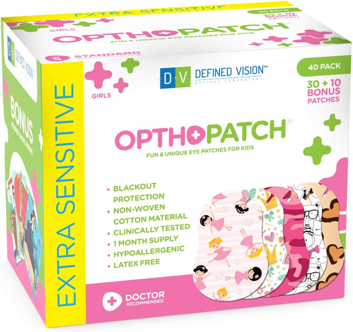 Opthopatch Kids Eye Patches - Fun Girls Design - 30 + 10 Bonus Latex Free Hypoallergenic Cotton Adhesive Bandages for Amblyopia and Cross Eye - Reward Chart Poster by Defined Vision