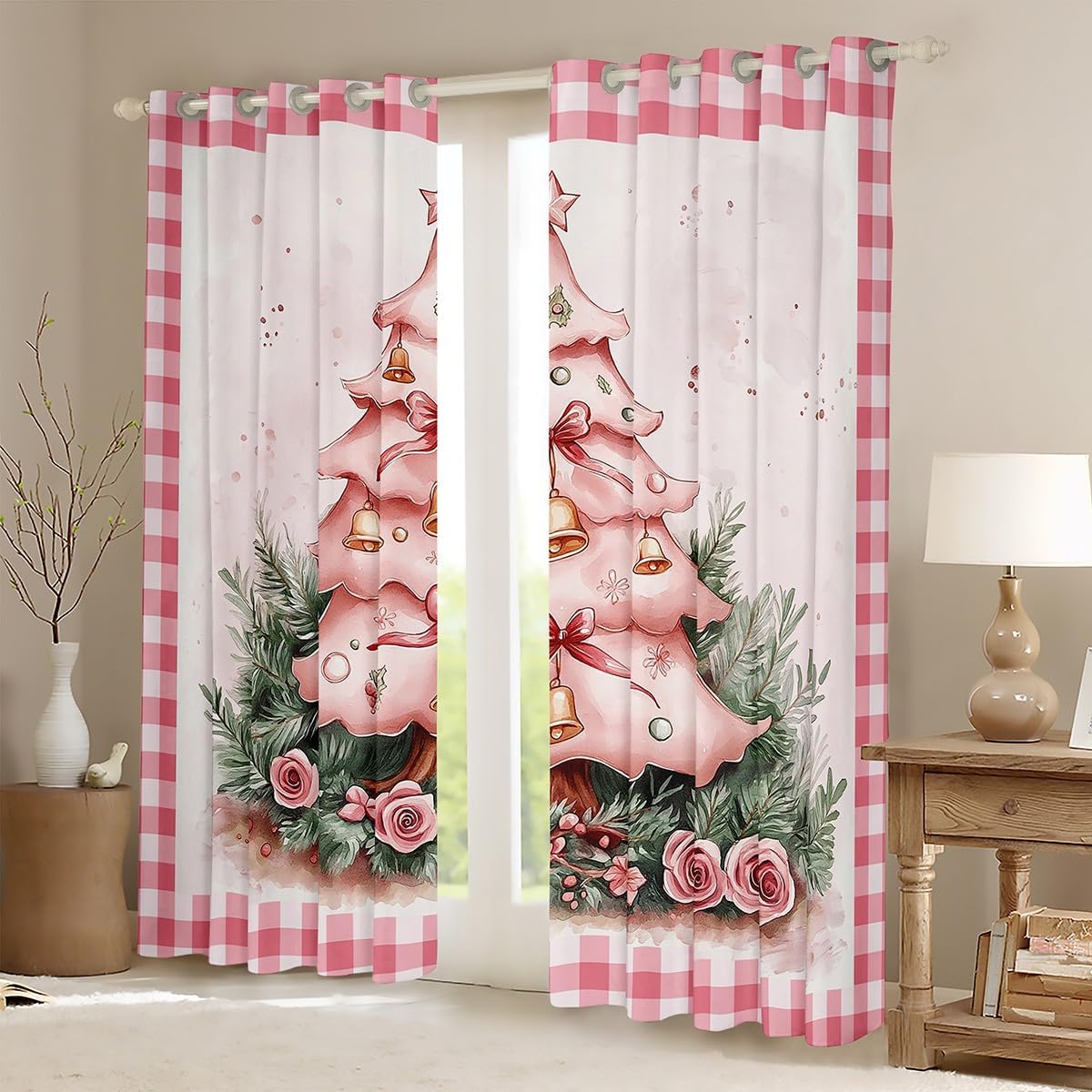 Pink Christmas Tree Curtains,Pink White Geometric Grid Window Curtain for Kids Girls Teens Room Decor,Sweet Rose Flower Window Treatment Curtain Merry Christmas Window Drapes,2 Panels,52Wx63L