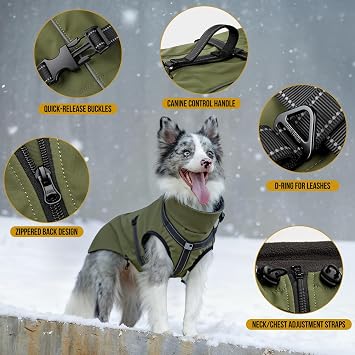 OneTigris Dog Coat with Harness - Reflective Adjustable Coats for Medium and Large Dogs, Waterproof Warm Winter Coat, Soft Heavy Fleece Lining with Back Zipper Dog Jackets