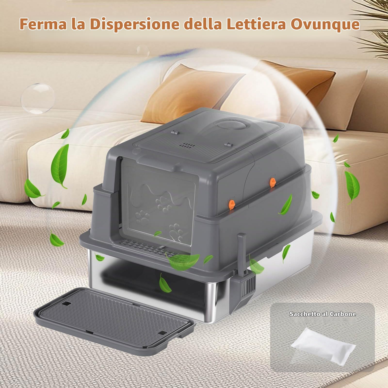 Homegroove XXXL - Lettiera per gatti in acciaio inox con coperchio, 70 x 50 x 45 cm, extra grande, con pala e pedale, in metallo chiuso, per gatti di grandi dimensioni e casette, anti-beccuccio