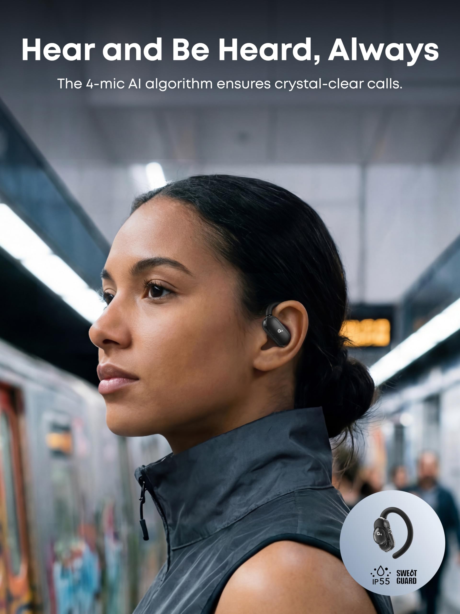 Soundcore Auriculares Open Ear V40i de Anker, Diseño Cristalino, Estuche sin Tapa, 4 Posiciones Ajustables para Cada Tamaño de Oreja, Graves más Ricos, IP55, 21H Reproducción, Llamadas Claras con IA
