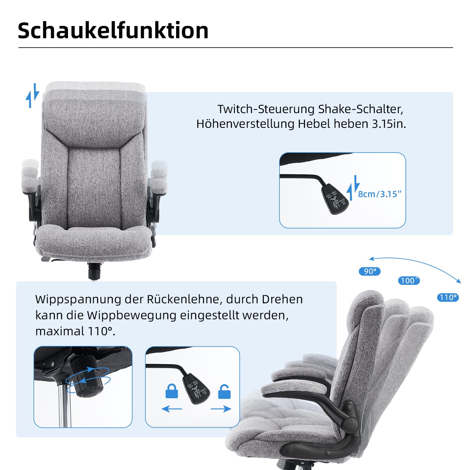 MZLEE Ergonomischer Bürostuhl Computerstuhl Schreibtischstuhl Drehbarer Arbeitsstuhl mit hochklappbarer Armlehne, höhenverstellbar, Bequem für Büro Heim Gaming (Grauer Stoff)