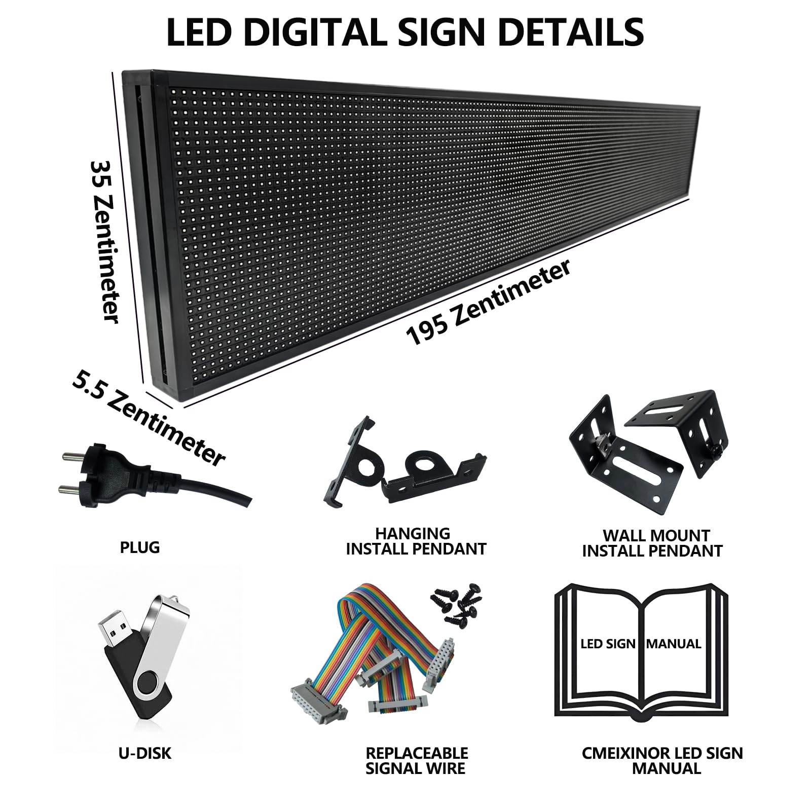 P10 Panneau LED programmable d'extérieur 195 x 35 cm, IP65 résistant à l'eau, écran LED numérique, couleurs vives, écran LED numérique, WiFi + contrôle USB, enseignes lumineuses pour magasins
