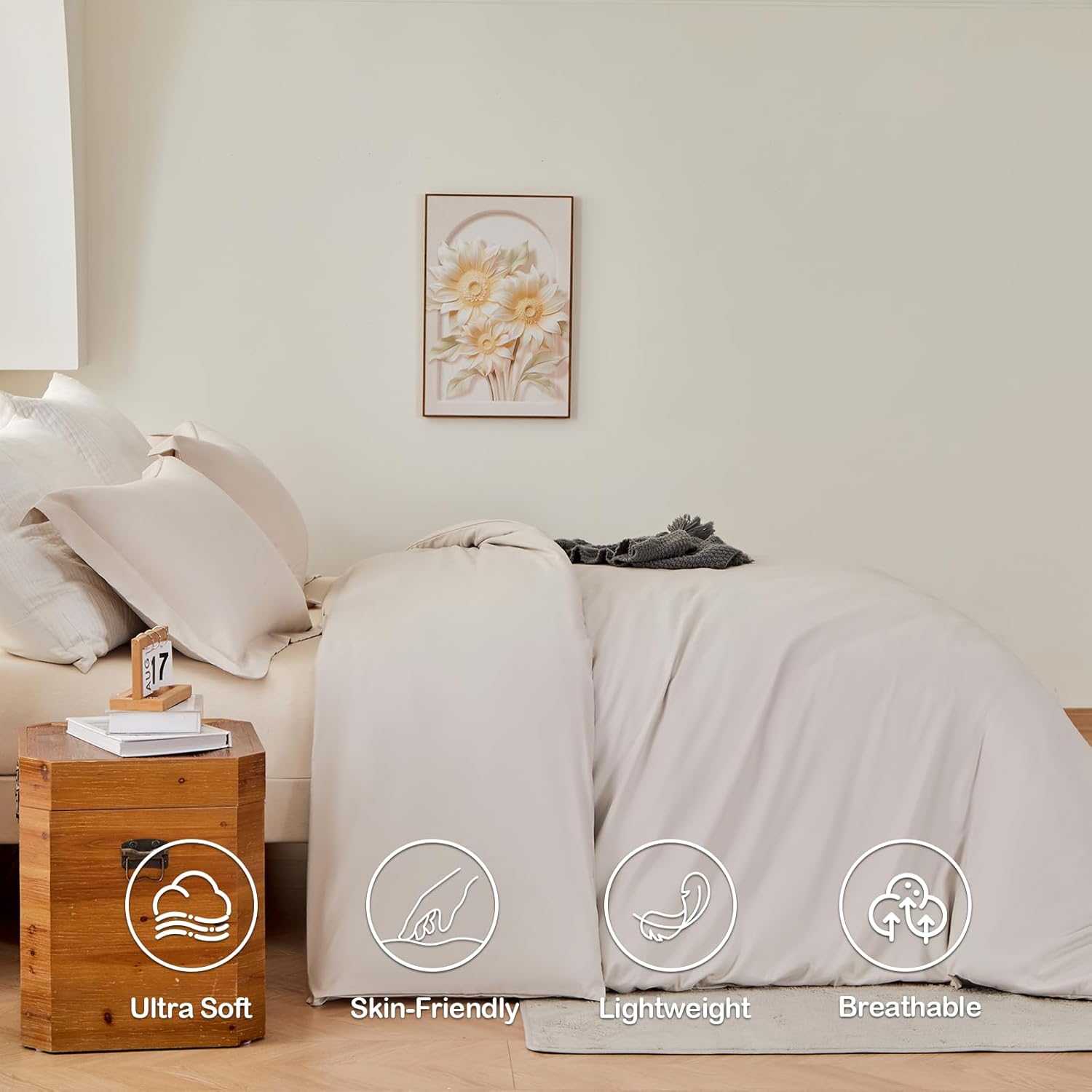 MIOTO Oversized King Duvet Cover 120x120-3 Pieces Prewashed Extra Soft Bedding Set, Includes 1 Duvet Cover with Zipper Closure & 2 Pillow Shams(120x120, Beige)