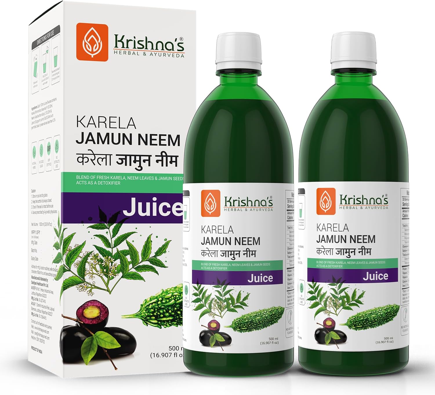 Krishna's Karela Jamun Neem Mix Juice - 500 ml | Blend of Fresh Karela, Neem Juice & Jamun seeds Ayurvedic solution for balancing sugar levels