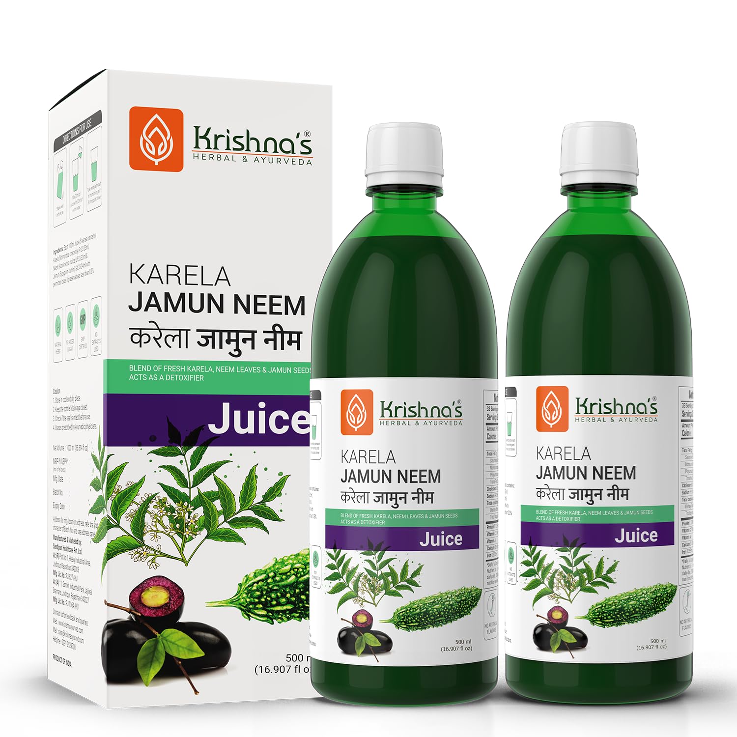 Krishna's Karela Jamun Neem Mix Juice - 500 ml | Blend of Fresh Karela, Neem Juice & Jamun seeds Ayurvedic solution for balancing sugar levels