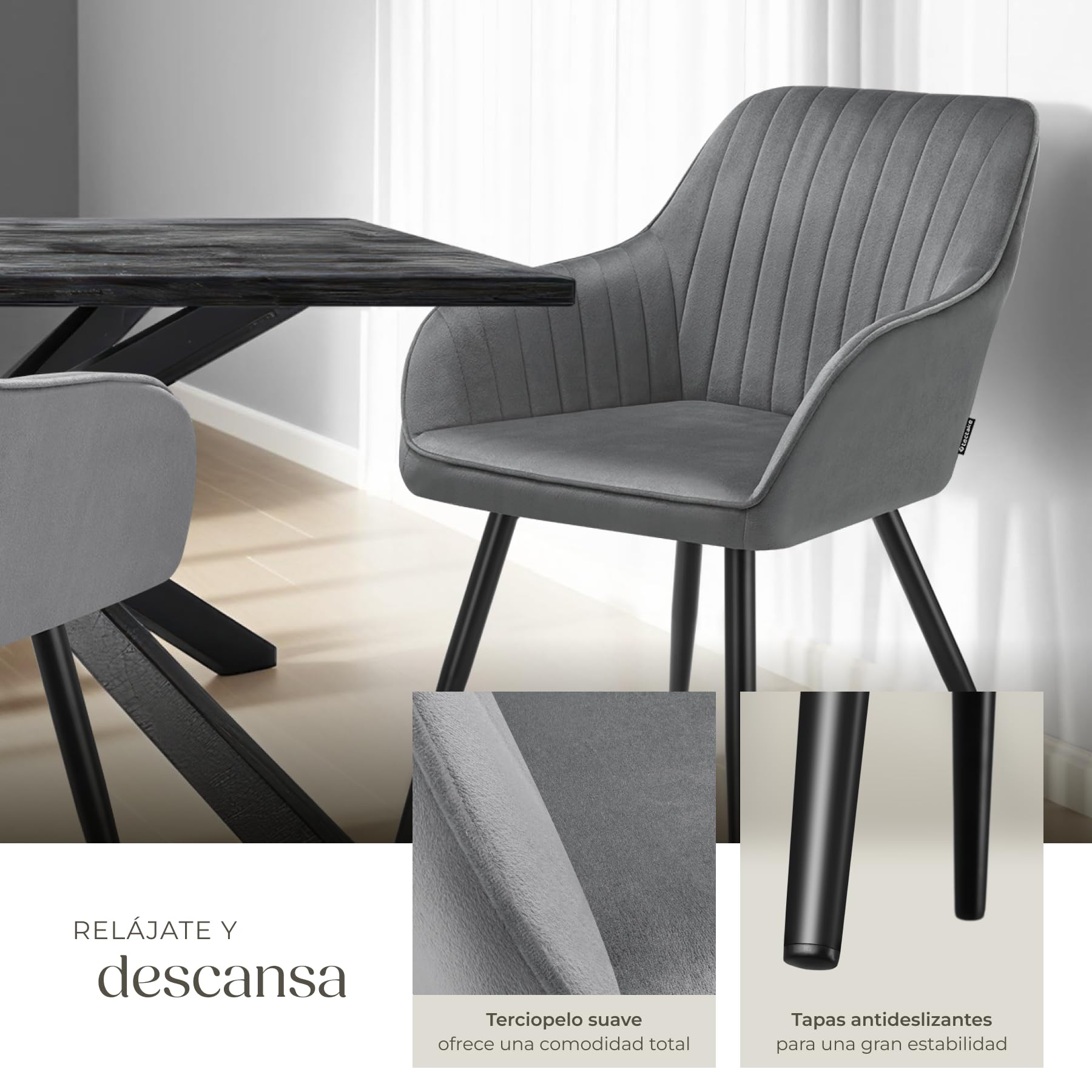 tectake® Silla de Comedor con Tapizado Aterciopelado Acolchado, Silla de Cocina Elegante y Moderna, Patas de Acero, Fácil Limpieza, Ideal Silla Salón, Tocador, Dormitorio - 1 Silla Gris/Negro