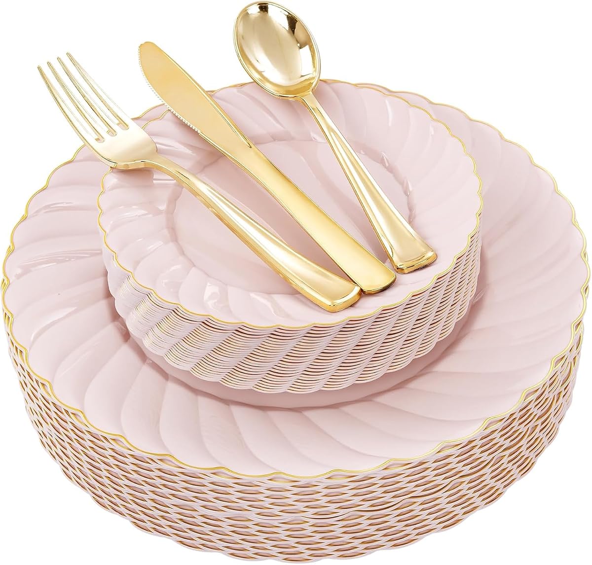 YOUBET 125PCS Pink Plastic Plates with Gold Rim for Wedding Birthday Party | Scalloped Plastic Plates Set Includes 25 Dinner Plate, 25 Dessert Plate, 75 Gold Silverware for 25 Guests Baby Shower