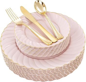 YOUBET 125PCS Pink Plastic Plates with Gold Rim for Wedding Birthday Party