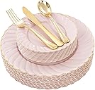 YOUBET 125Pcs Pink Plastic Plates with Gold Rim - Scalloped Plastic Plates Set Includes 25 Dinner, 25 Dessert Plate, 75 Gold Silverware for 25Geusts for Wedding Birthday Baby Shower Mothers Day