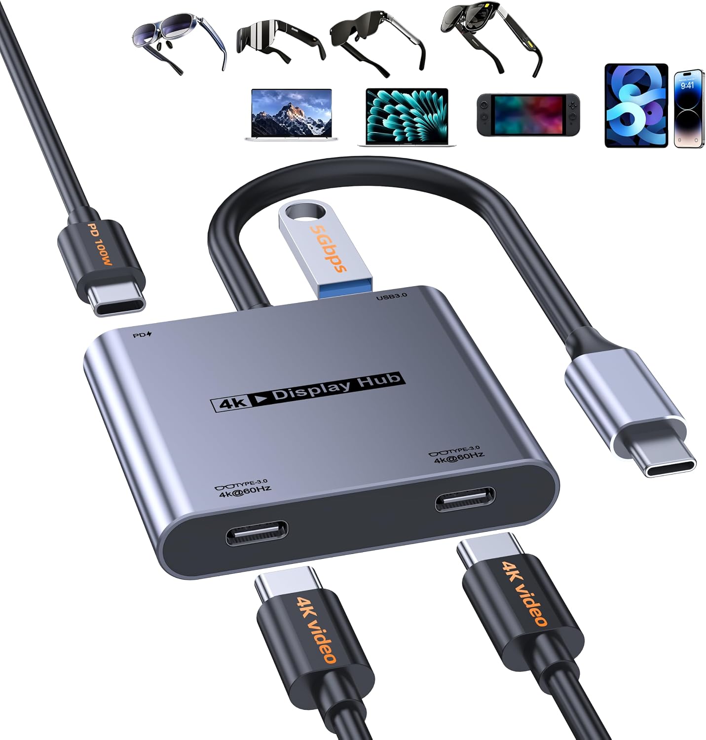 4-in-1 Dual USB-C Display Hub for Switch 2, Switch Docking Station Portable with 4K@60Hz/100W PD/USB3.0 5Gbps for AR/XR Glasses/Switch 1 2/Steam Deck/Laptop/Portable Monitor& Type-C Display