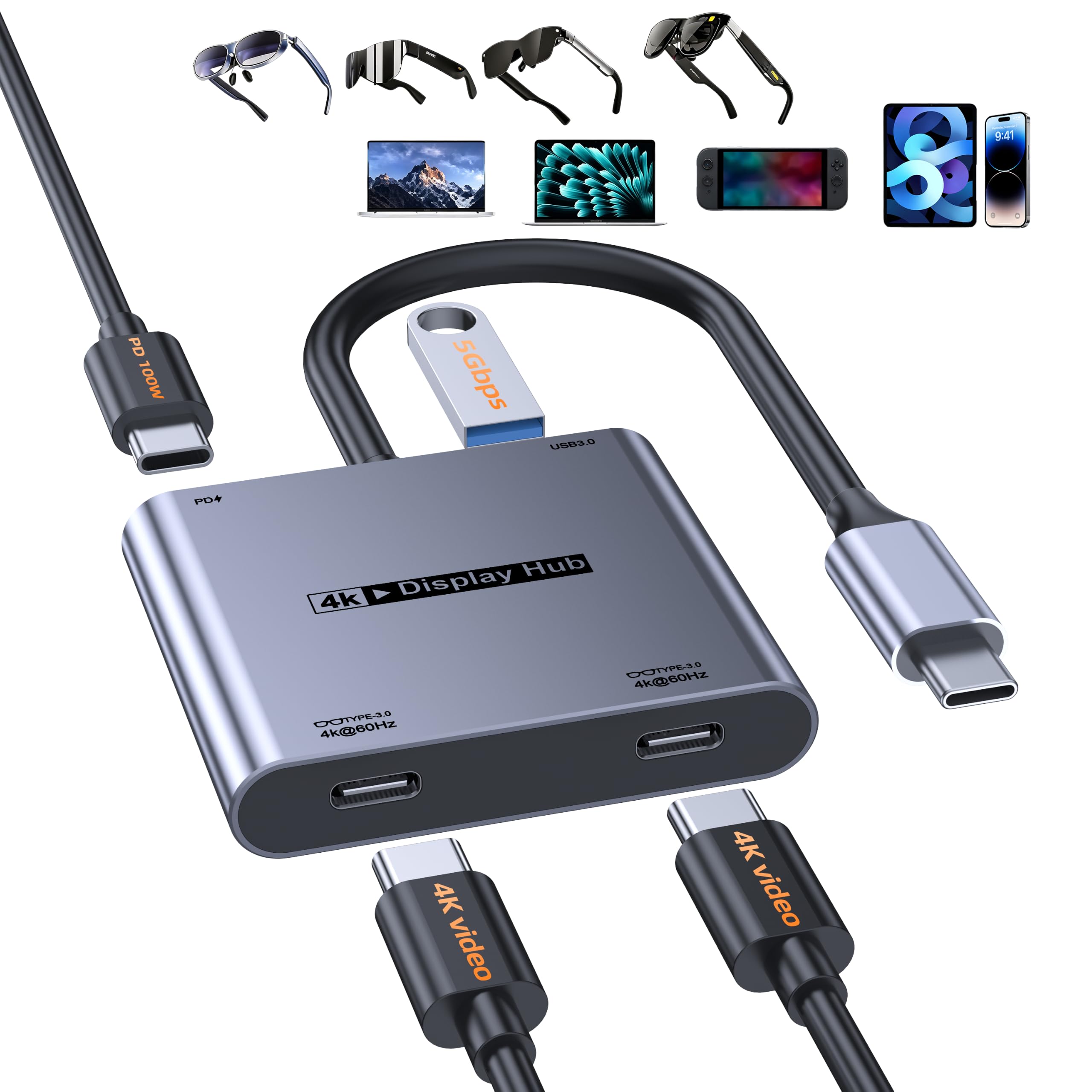 Hub doppio display USB-C 4 in 1 per Switch 2, Docking Station portatile con 4K a 60Hz/100W PD/USB3.0 5Gbps per occhiali AR/XR/Switch 1 2/Steam Deck/laptop/monitor portatile e display di tipo C