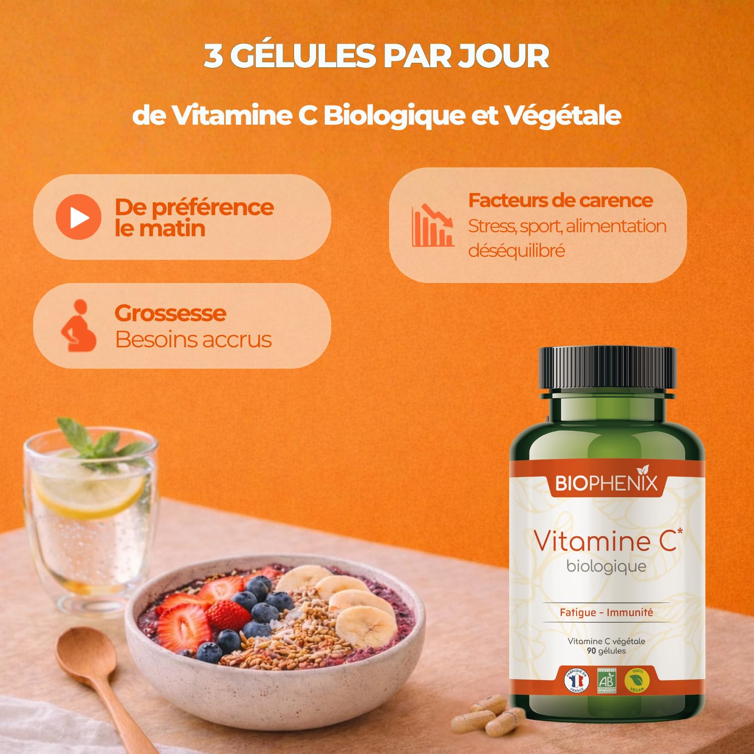Biophénix Vitamine C Bio 100% Végétale 90 Gélules, Fatigue & Energie | Tonus et Vitalité, Procédé Exclusif Extraction Intégrale, 0% Excipient, 0% Additif, 0% Produit Chimique, Fabriqué en France