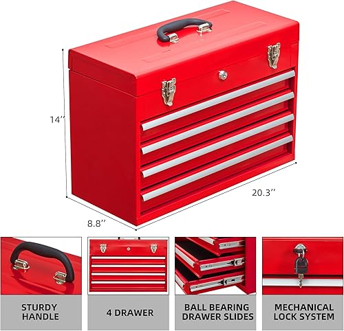 Miniatura 3 de Caja de herramientas de metal de 4 cajones, caja de herramientas portátil de acero con cierre de pestillo de metal y bloqueo de llave, bandeja de