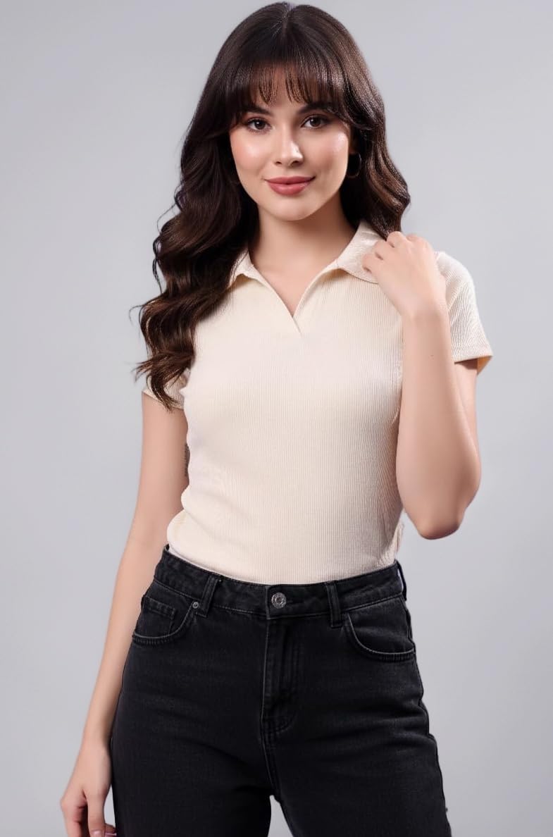 Women’s Solid Polo Neck Half Sleeve Top – Soft & Lightweight Polyester Blend Fabric, Regular Fit Comfortable Casual Wear T-Shirt for Daily Use, Office & Travel