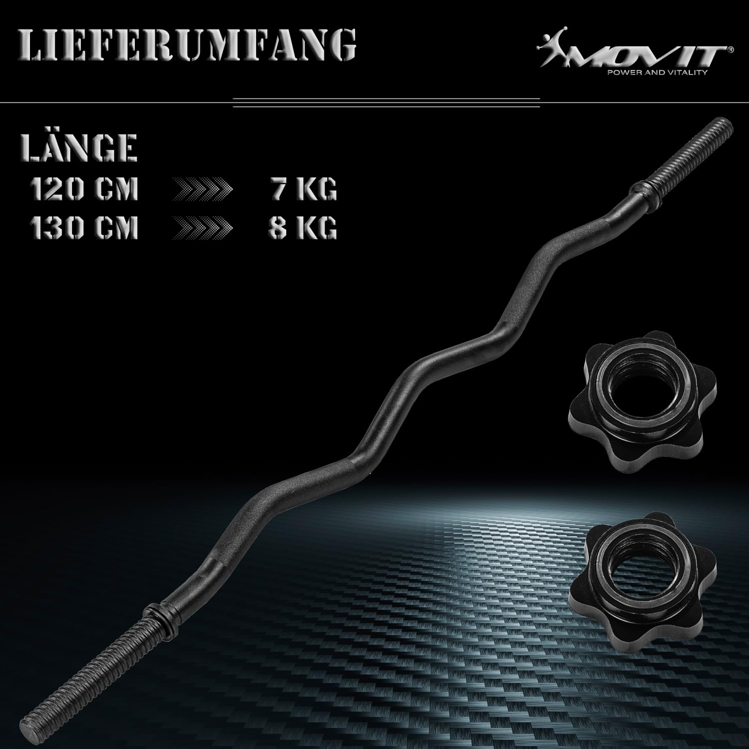 MOVIT Profi SZ Curlstange, 30mm STANDARDNORM, Auswahl: 120cm (7kg) o. 130cm (8kg), verchromt o. schwarz, Sternverschluss o. Federverschluss, Hantel Curl Stange Hantelstange