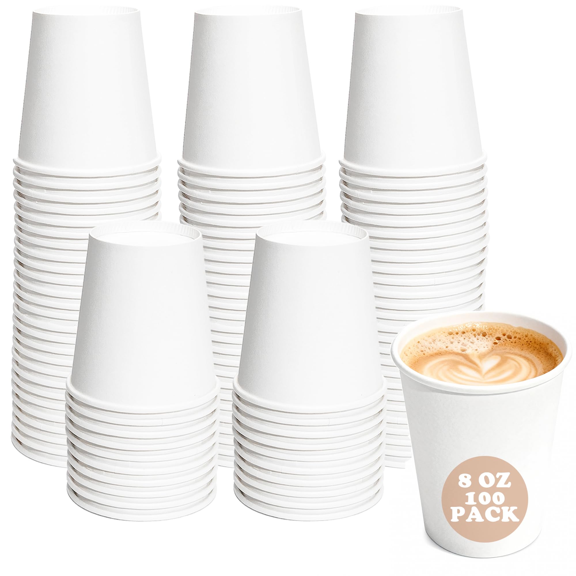 Paper Cups [8 oz - 100 Count] Disposable Coffee Cup for Hot Drinks – Sturdy & Eco-Friendly – for Tea, Cocoa & More – Formerly Comfy Package