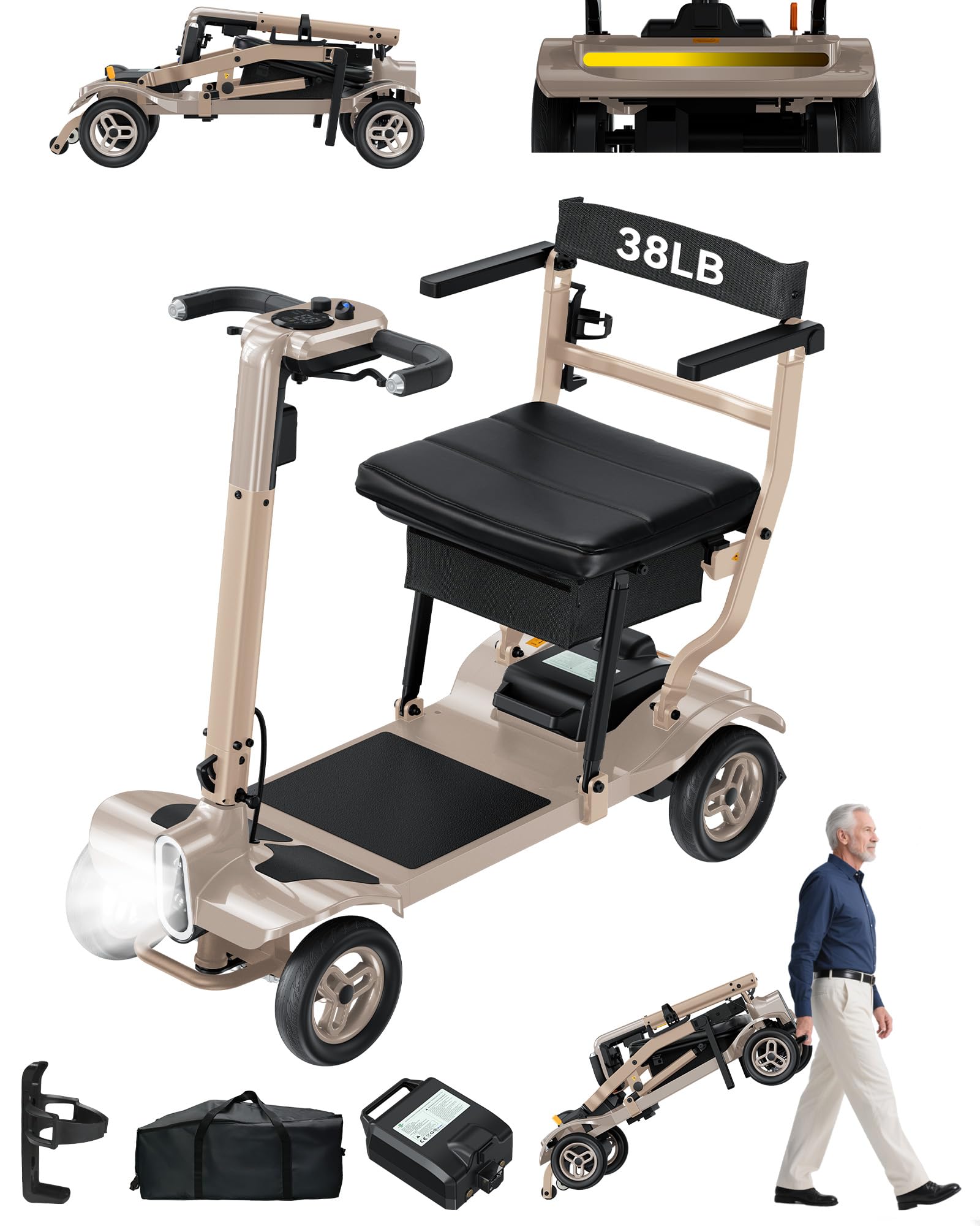 Ultra-Lightweight Powered Mobility Scooters - Folding Mobility Scooters for Seniors &amp; Adults, All-Terrain Mobility Scooters with Automatic Headlight &amp; Storage Basket, Airline Approved, Gold