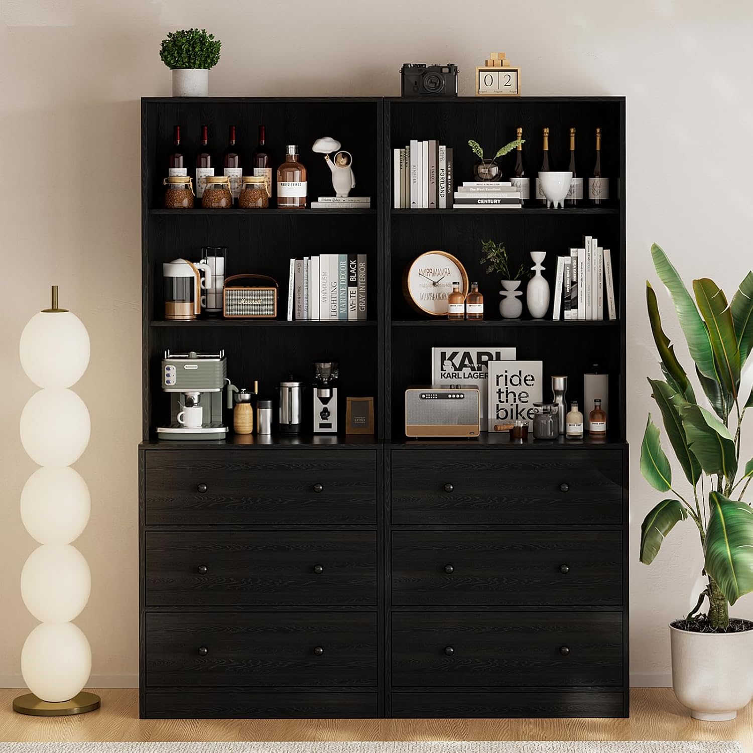 TUSY 71" Large TV Stand Set - TV Entertainment Center for TVs up to 65", Media Center with Tempered Glass Doors and Drawer, TV Hutch with Bookshelves for Living Room (Black, BEEB)