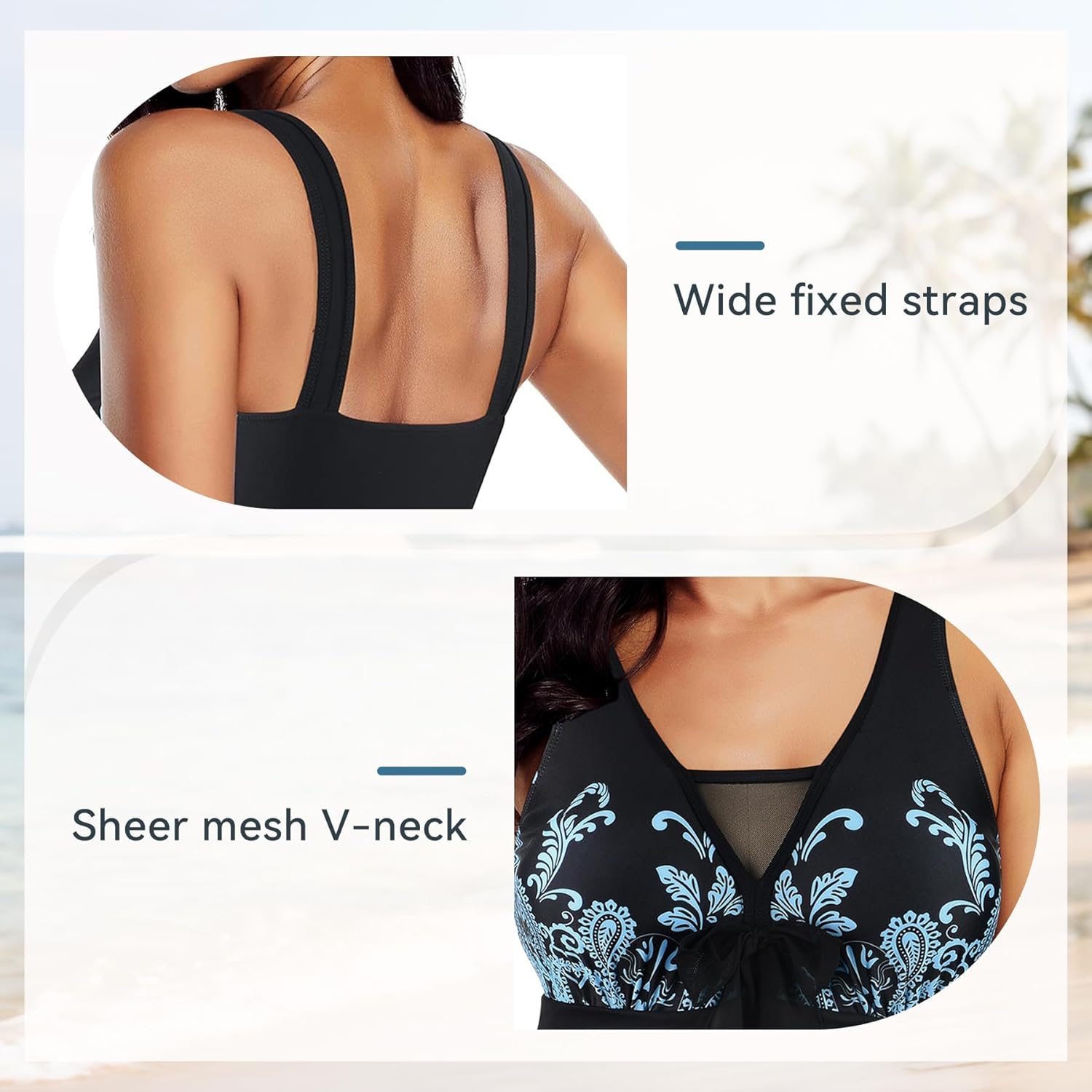 Women's Tummy Control Swimdress One Piece Swimsuits Modest V-Neck Mesh Bathing Suits with Built-in Bottom