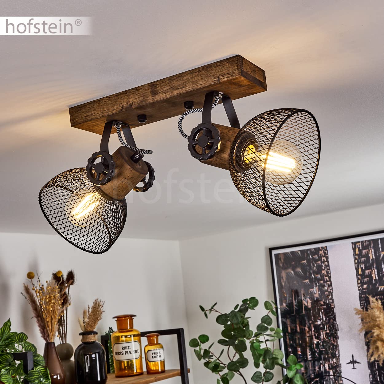 Lampa sufitowa Orny, z drewna/metalu w kolorze brązowym/czarnym z kloszami z siatki optycznej, lampa z drewnianymi belkami, przewodami z tkaniny i regulowanymi reflektorami, E27, bez żarówek