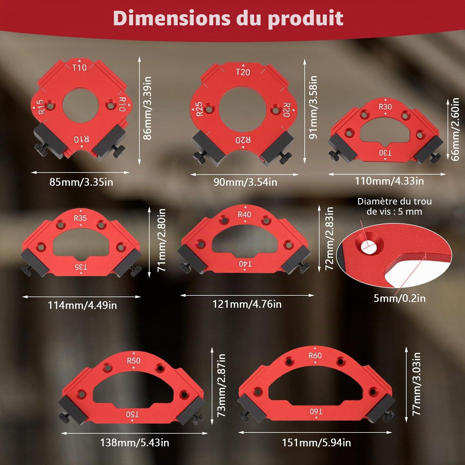 Lot de 7 Gabarit Defonceuse a Bois D'angle avec Clip Amovible en Alliage D'aluminium pour Le Travail Du Bois Outil Auxiliaire de Coupe à L'arc R10 R15 R20 R25 R30 R35 R40 R50 R60
