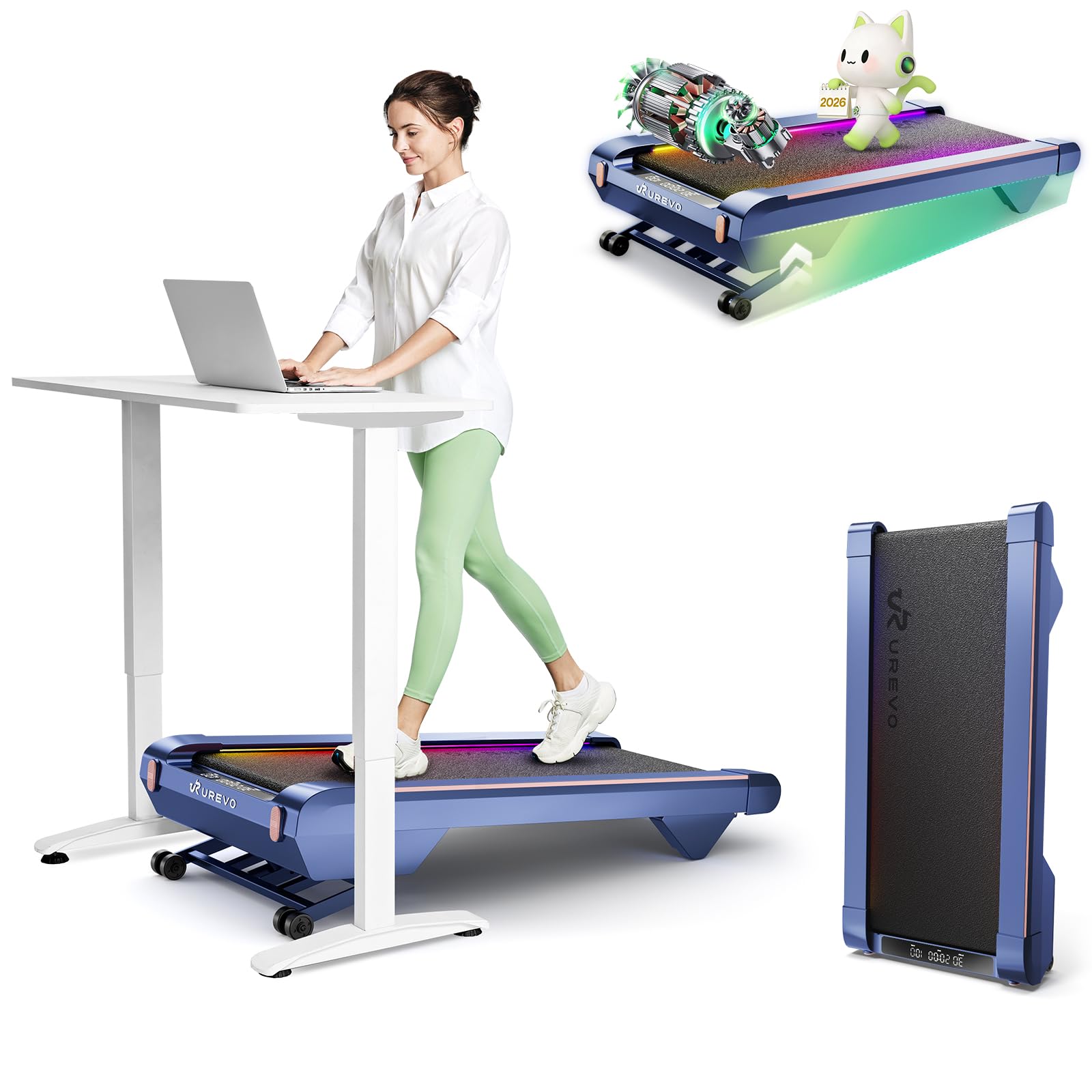 UREVO CyberPad Smart Walking Pad with 14% Auto Incline, Brushless Motorized Under Desk Treadmill for Home Office Fitness, Elegant Speed Lights, Spacious Surface, Digital Controller, AI-Powered App
