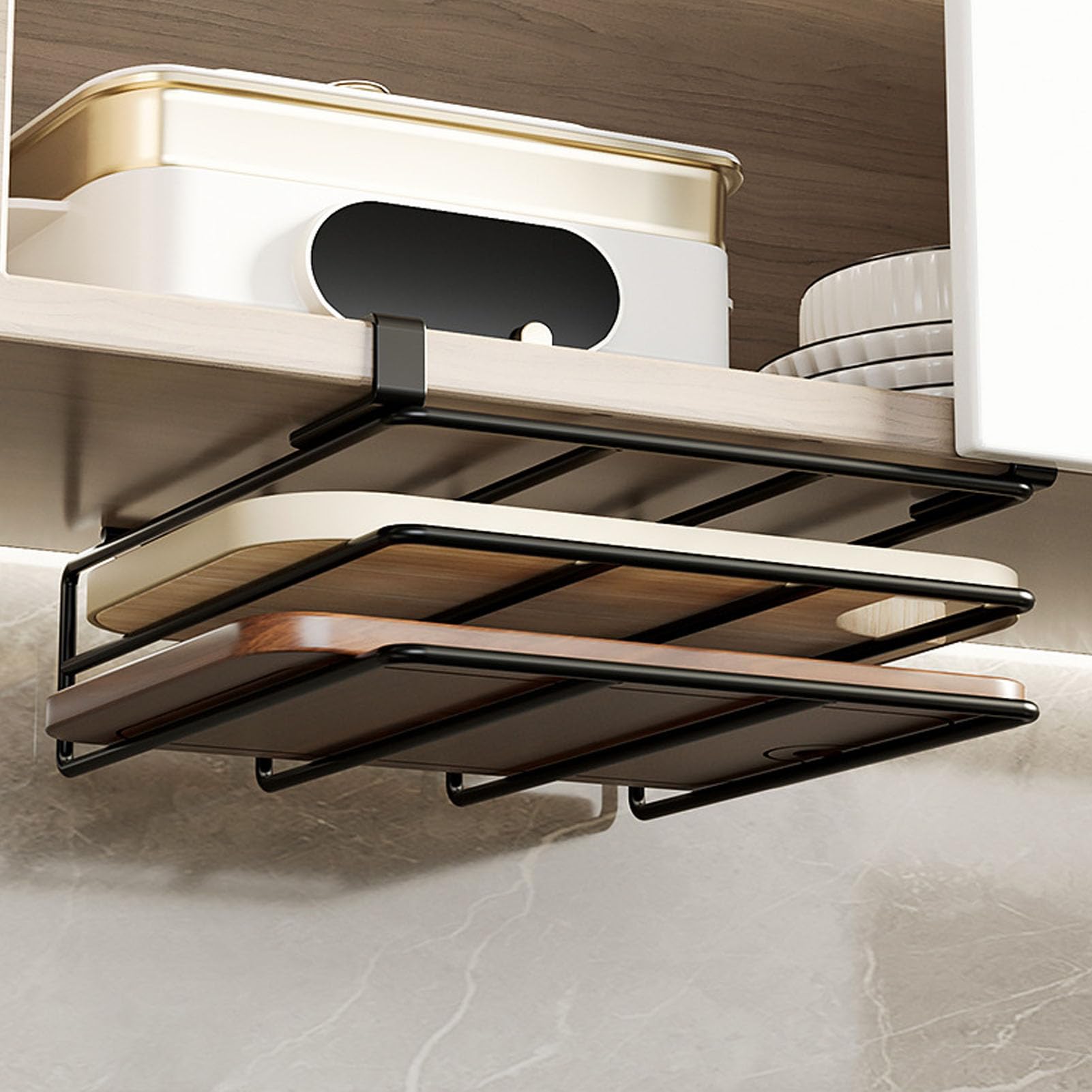 Muiltvoe Hanging Chopping Board Rack, Under Shelf Rack, Carbon Steel Under Cabinet Storage Shelf Chopping Board Holder Organizer for Kitchen Pot Lids