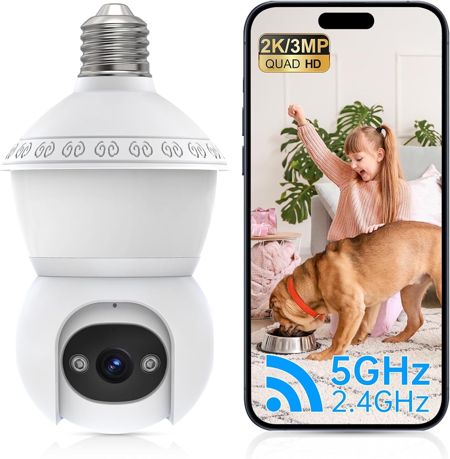 Light Bulb Security Camera, 2.4G/5GHz WiFi 2K Security Cameras Wireless Outdoor Indoor,Bulb Cameras for Home Security,AI Human Detection,Siren Alarm,2