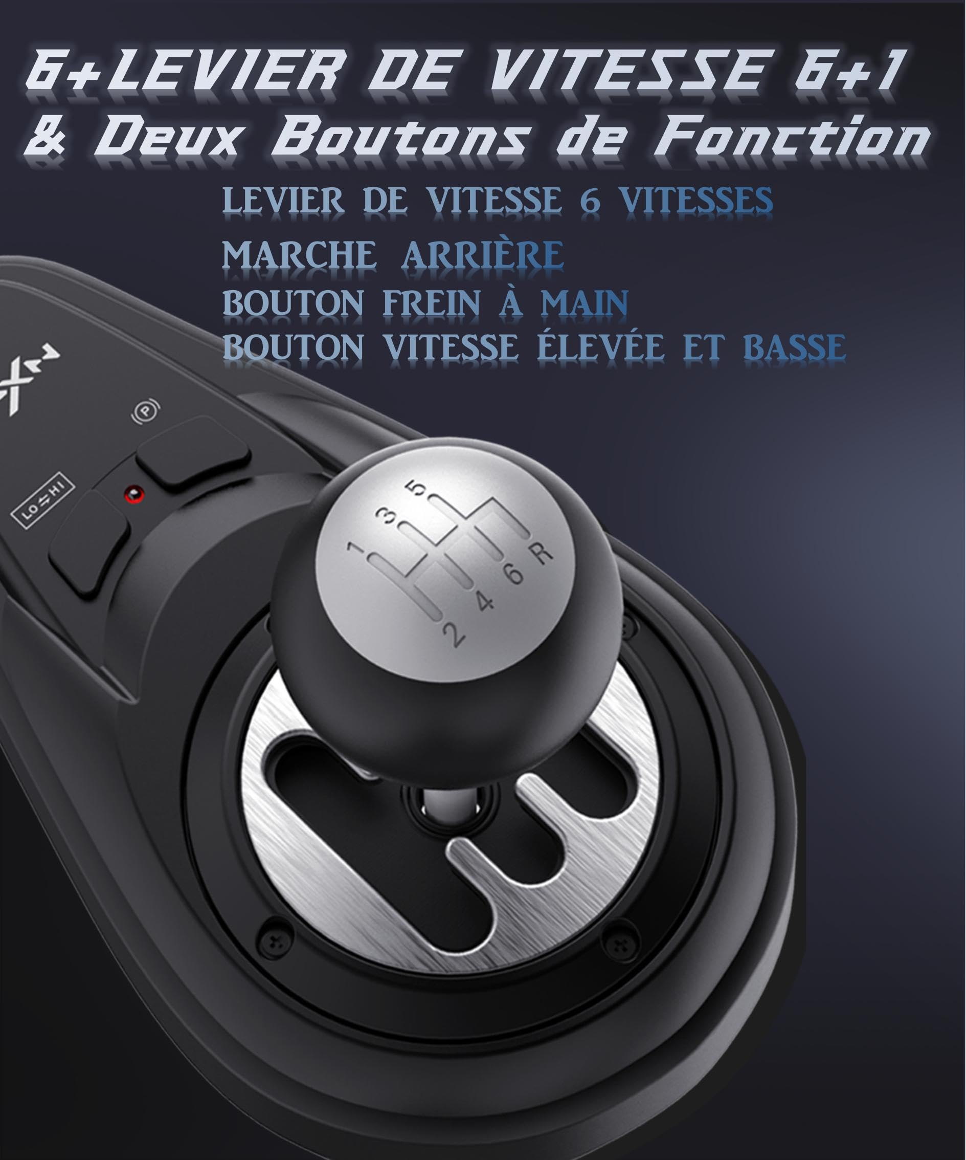 PXN A7 Levier de Vitesse, Gear Shifter pour Volant avec 6 Vitesses, 3 Câbles (USB, RJ11, DIN), Marche Arrière, Bouton de Vitesse Haut/Bas, Bouton de P, H Shifter, Universel sur PC | H-Shifter 6 vitesses, reverse par enfoncement, frein, boutons haut/bas, c