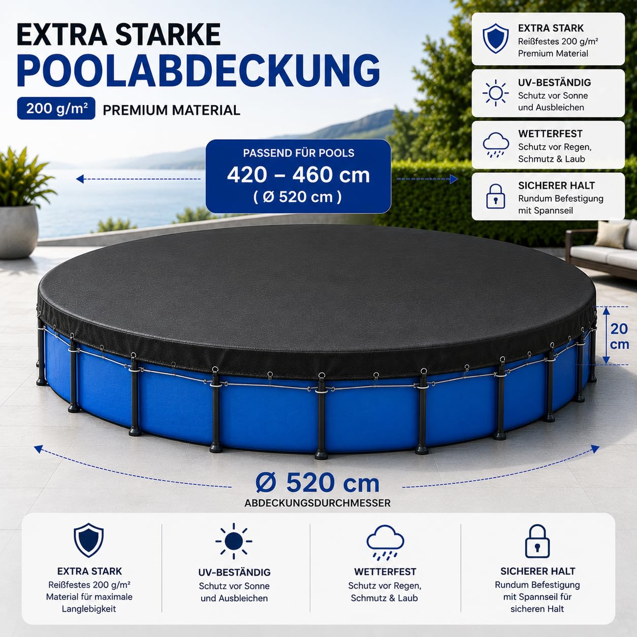 Cubierta para piscina redonda, extragruesa, 200 g/m², resistente a los rayos UV, solar para verano e invierno, lona negra para piscina (420 – 460 cm (Ø 520 cm)