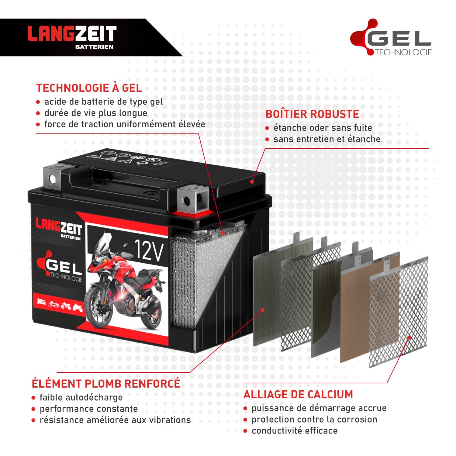LANGZEIT YB14-A2 batterie moto 12V 14Ah GEL YB14-B2 51412 YB14A-A1 FB14-A2