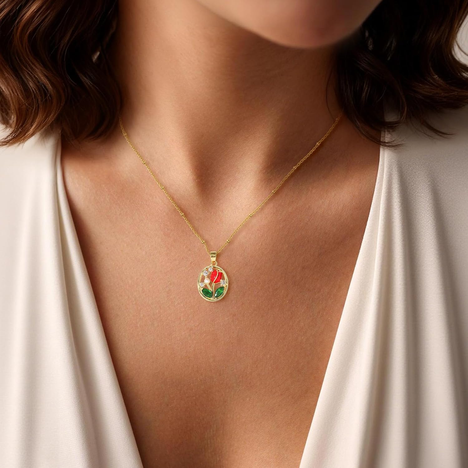 Red Rose Pendant Necklace Dainty Blossom Rose with Cubic Zirconia Charm Choker 3D Floral Pendant Gold Jewelry for Women Anniversary Valentines Day Birthday Jewelry Gifts - Image 2