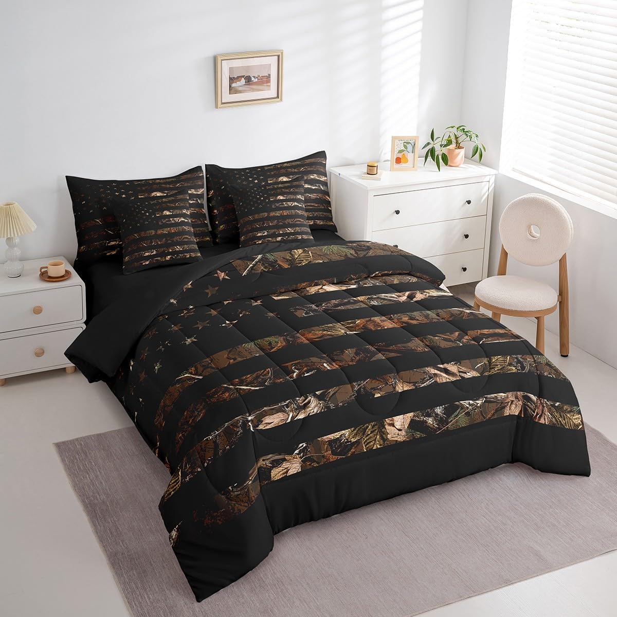 Feelyou American Flag 7 Pieces Bedding Set, Queen Brown Camouflage Botancial All Season,Bed in a Bag with Comforter, Sheets, Pillowcases Branch Hunting Bed Set Breathable Camouflage Hunter Room Decor - Image 2