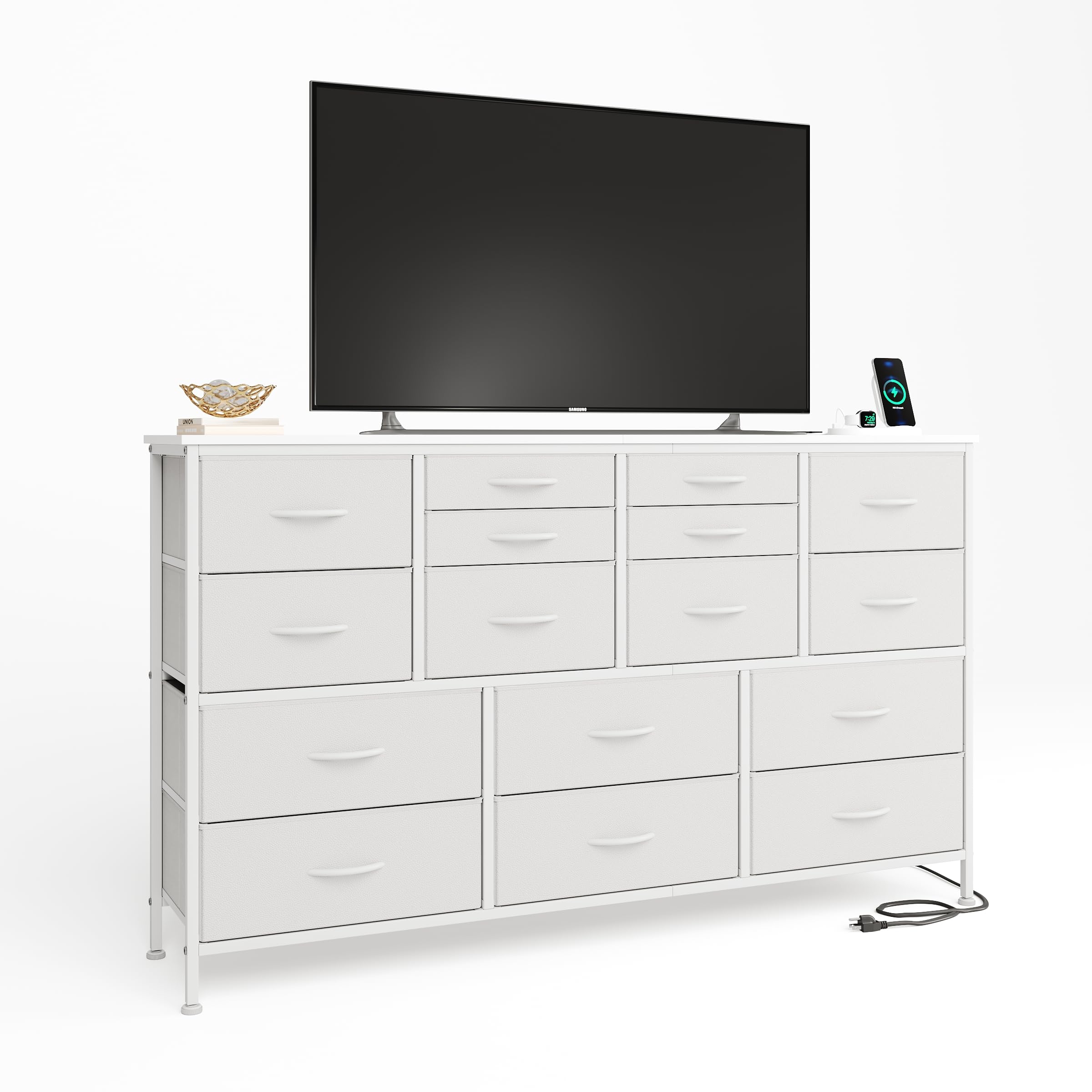 CAIYUN Chest of Drawers Bedroom, Contains 2 AC Ports & 2 USB, Bedroom Cabinet, 16 Storage Fabric Drawers Dresser for Bedroom, TV Stand Dresser with Steel Frame and Wood Top, White