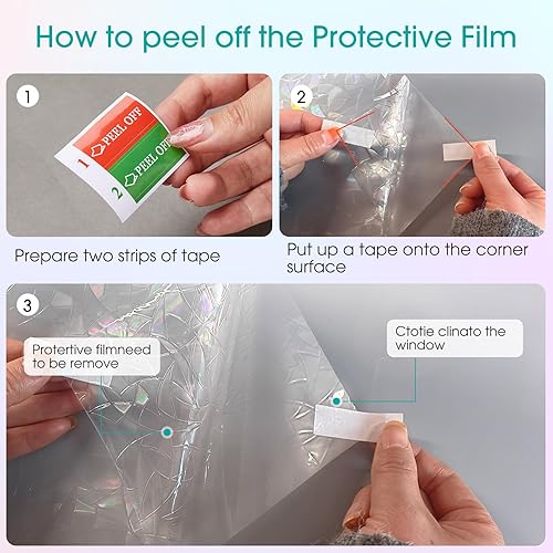 Miniatura 8 de Beautyhero Película de privacidad para ventana, adhesivo de vidrio con junco de arco iris, revestimientos decorativos 3D con bloqueo UV, adherencia