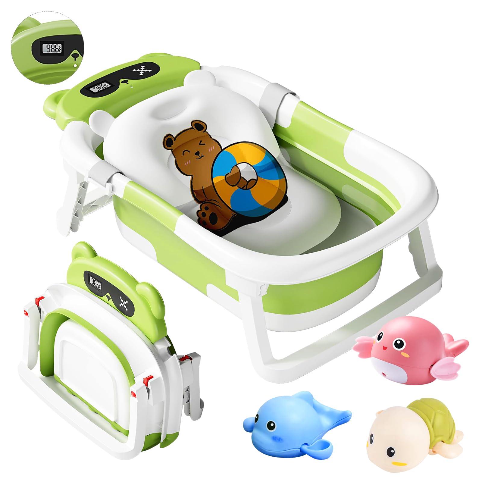 Baignoire Bébé Pliable avec Coussin de Bain et Thermomètre Intégré, Bouchon d'Évacuation, Vert Ours